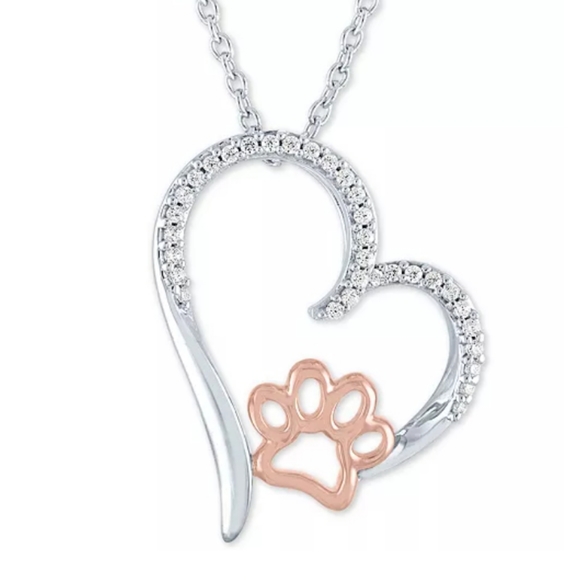 RH Macy & Co Fine Jewelry Jewelry - Sterling Silver Necklace Diamond Encrusted Heart & 14k Rose Gold Paw Pendant NWT